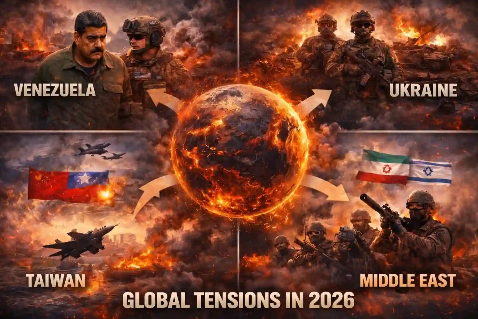 A composite map highlighting Venezuela, Eastern Europe, the Middle East, and East Asia as geopolitical flashpoints in early 2026.