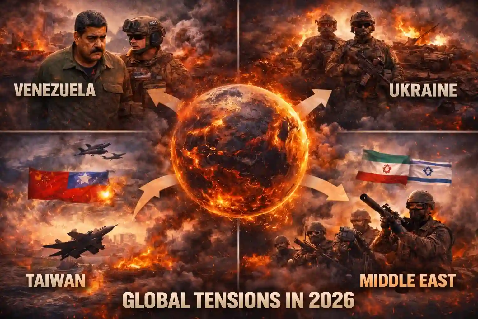 A composite map highlighting Venezuela, Eastern Europe, the Middle East, and East Asia as geopolitical flashpoints in early 2026.