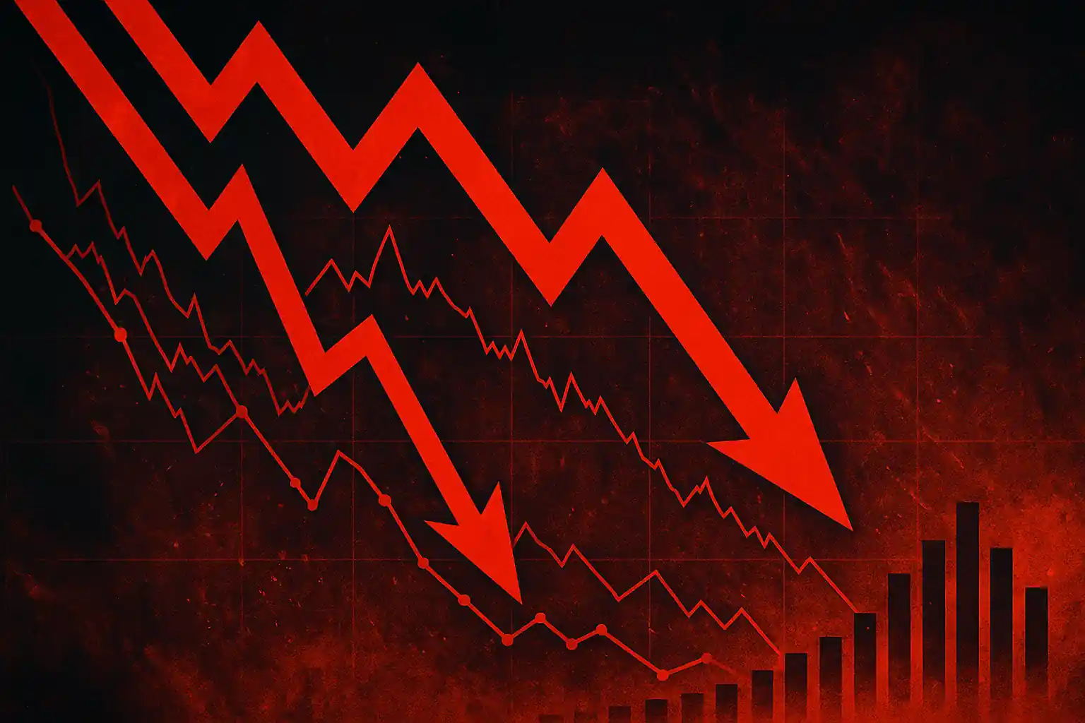 Abstract illustration of the 2025 market crash with falling arrows and tumbling charts