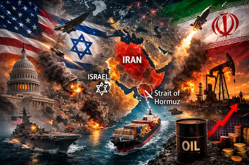 Military escalation and economic disruption as the U.S., Israel, and Iran clash across the Middle East during the 2026 conflict.